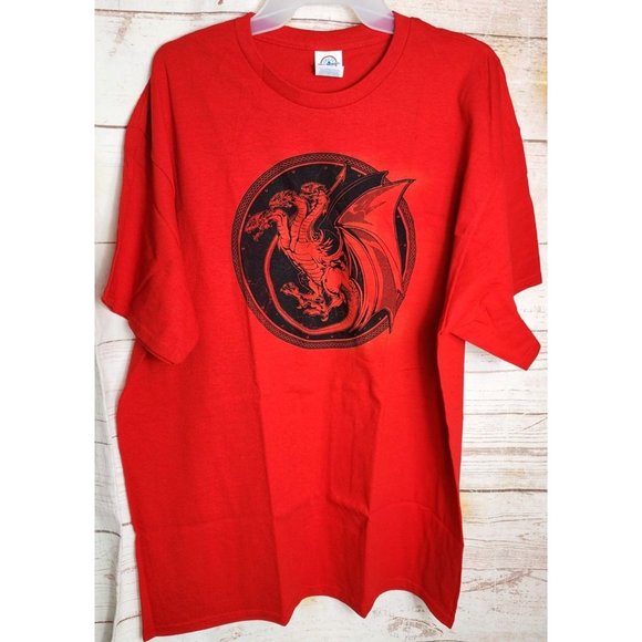 Delta Pro Weight Red XL Crew Neck Short Sleeve Dragon Graphic Cotton Men T-Shirt - Picture 4 of 13